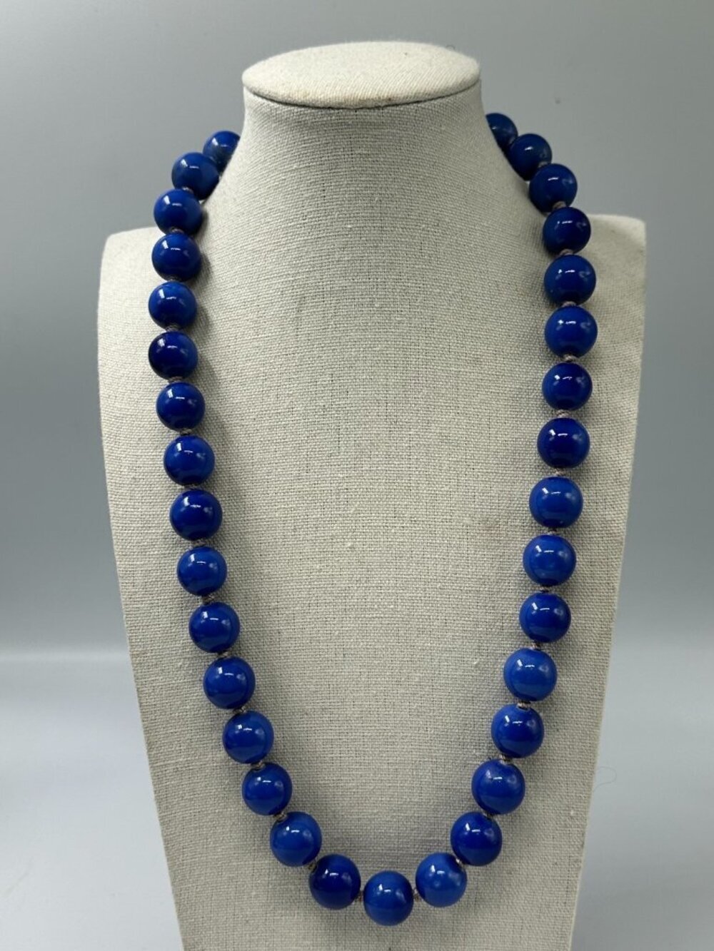 Vintage Chinese Peking Blue Glass Bead Necklace Hand Knotted Cloisonne Clasp 26"